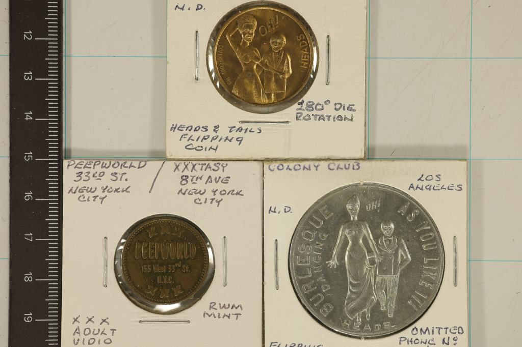 3 METAL ADULT THEMED TOKENS: FLIPPER COIN "HEADS" (1 of 2)