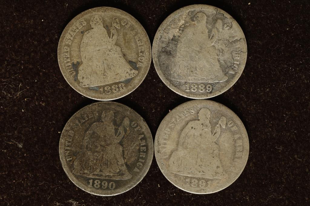 1888, 1889, 890 & 1891 SILVER SEATED LIBERTY DIMES (1 of 2)