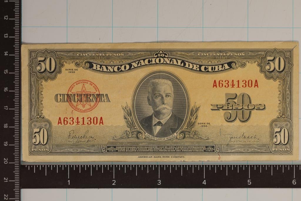 1950 CUBA 50 PESO CRISP BILL: WATCH FOR OUR NEXT AUCTION ON (MONDAY JAN. 22ND, 2024) AT 7PM EASTERN TIME. THANKS FOR YOUR BUSINESS.