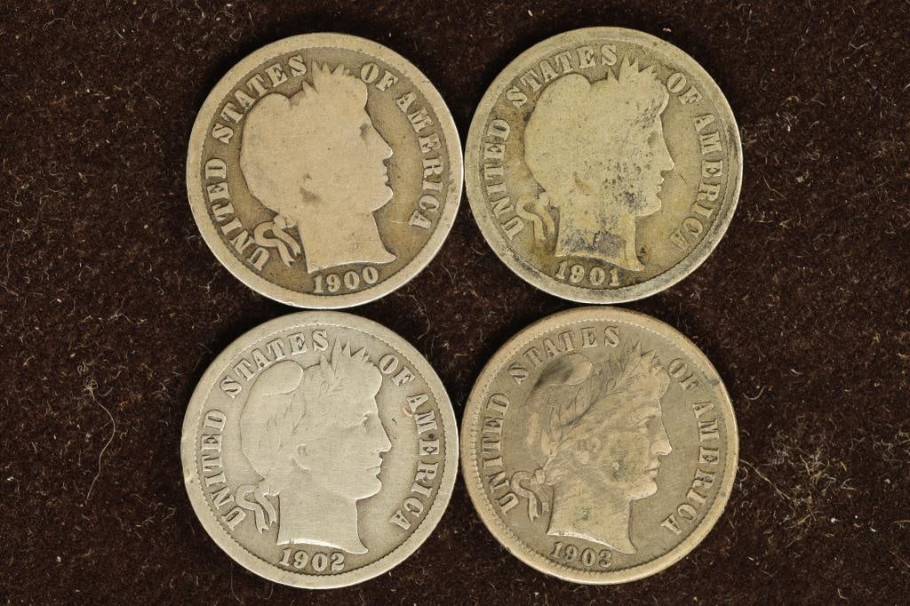 1900-S, 01-O, 02-O & 1903-O SILVER BARBER DIMES (1 of 2)