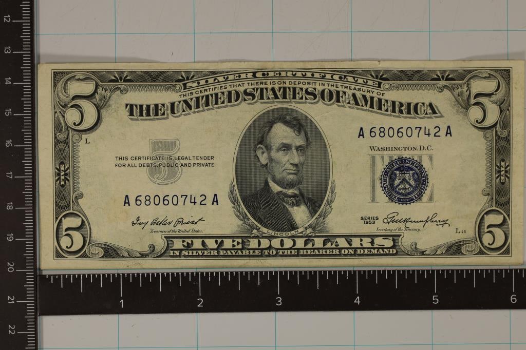 1953 US $5 SILVER CERTIFICATE CRISP VERY SMALL (1 of 2)