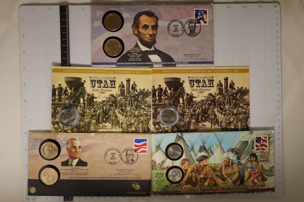 3-P & D US COIN SETS IN FDC'S AND 2-UTAH STATE: QUARTER OFFICIAL LAUNCH. ABRAHAM LINCOLN P & D PRESIDENTIAL DOLLARS, HARRY S. TRUMAN P & D PRESIDENTIAL DOLLARS, 2004 WESTWARD JOURNEY PEACE MEDAL NICKELS AND 2007 UTAH P & D STATE QUARTERS