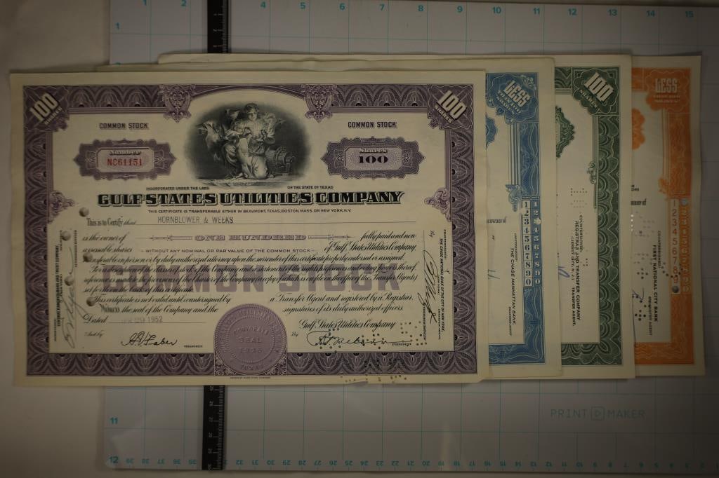 4 VINTAGE STOCK CERTIFICATES: 1952 GULF STATE: UTILITIES COMPANY, 1956 CHAS. PFIZER AND CO. INC., 1965 FOOD FAIR PROPERTIES INC AND 1967 HARNISCHFEGER CORP.