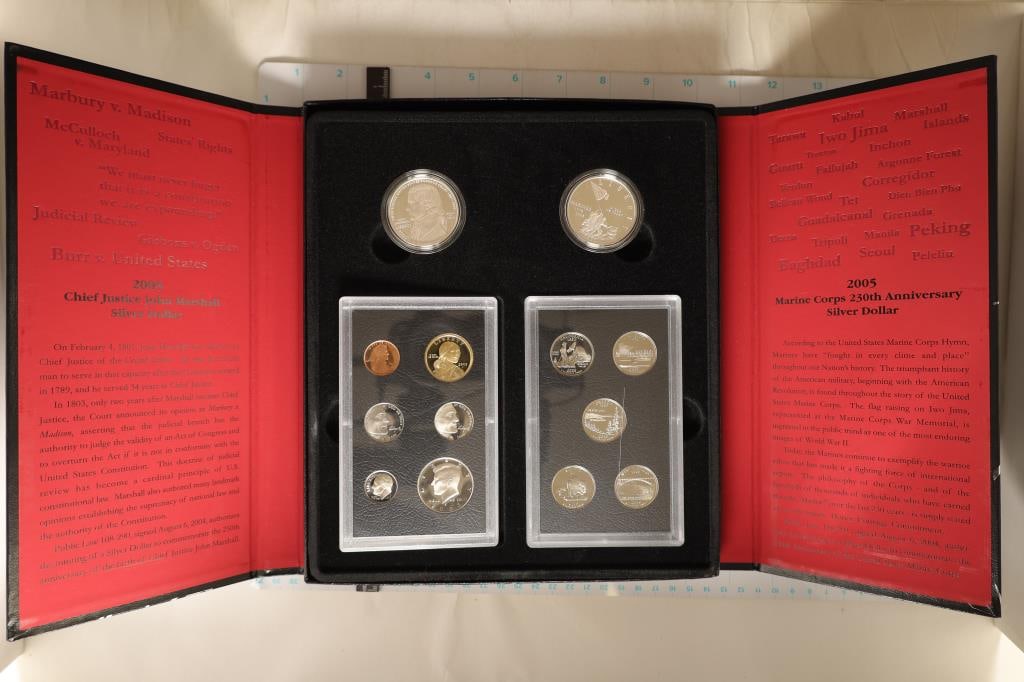 2005 US AMERICAN LEGACY COLLECTION CONTAINS:: 2005 PROOF SET AND 2005 JOHN MARSHALL AND MARINE CORP. PF SILVER DOLLARS. IN ORIGINAL US MINT PACKAGING WITH CERTIFICATE