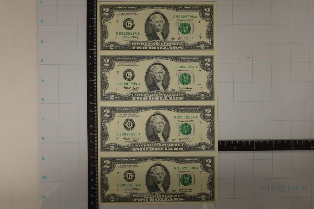 UNCUT SHEET OF 4-2003 US $2 FRN'S GREEN SEALS: WATCH FOR OUR NEXT AUCTION ON (MONDAY FEB. 5TH, 2024) AT 7PM EASTERN TIME. THANKS FOR YOUR BUSINESS.