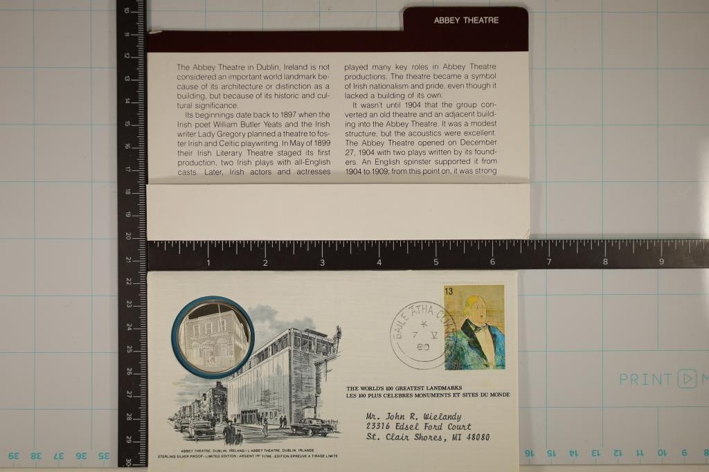 13.9 GRAMS PROOF STERLING SILVER ROUND IN FDC: ABBEY THEATRE DUBLIN IRELAND, WORLDS 100 GREATEST LANDMARKS WITH INFO CARD BY THE FRANKLIN MINT