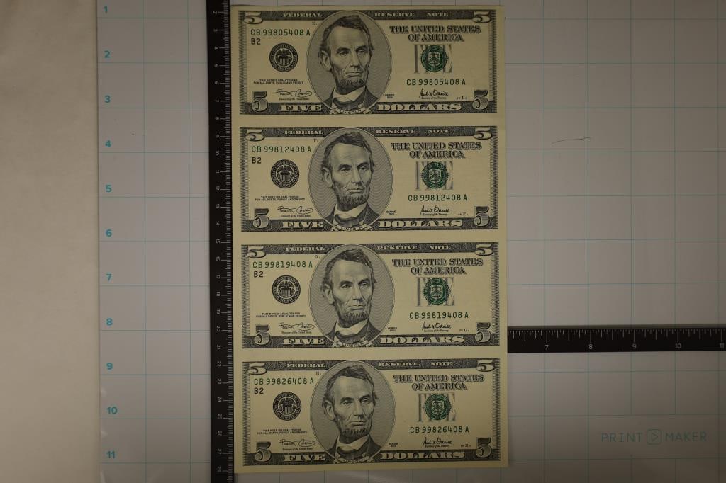 UNCUT SHEET OF 2001 US $5 FRN'S CRISP UNC: WATCH FOR OUR NEXT AUCTION ON (MONDAY FEB. 12TH, 2024) AT 7PM EASTERN TIME. THANKS FOR YOUR BUSINESS.
