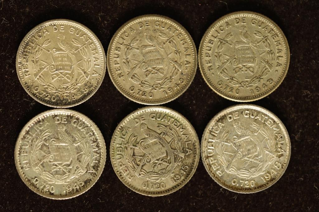 6 GUATEMALA SILVER 5 CENTAVOS: 1928, 2-1943, (1 of 2)