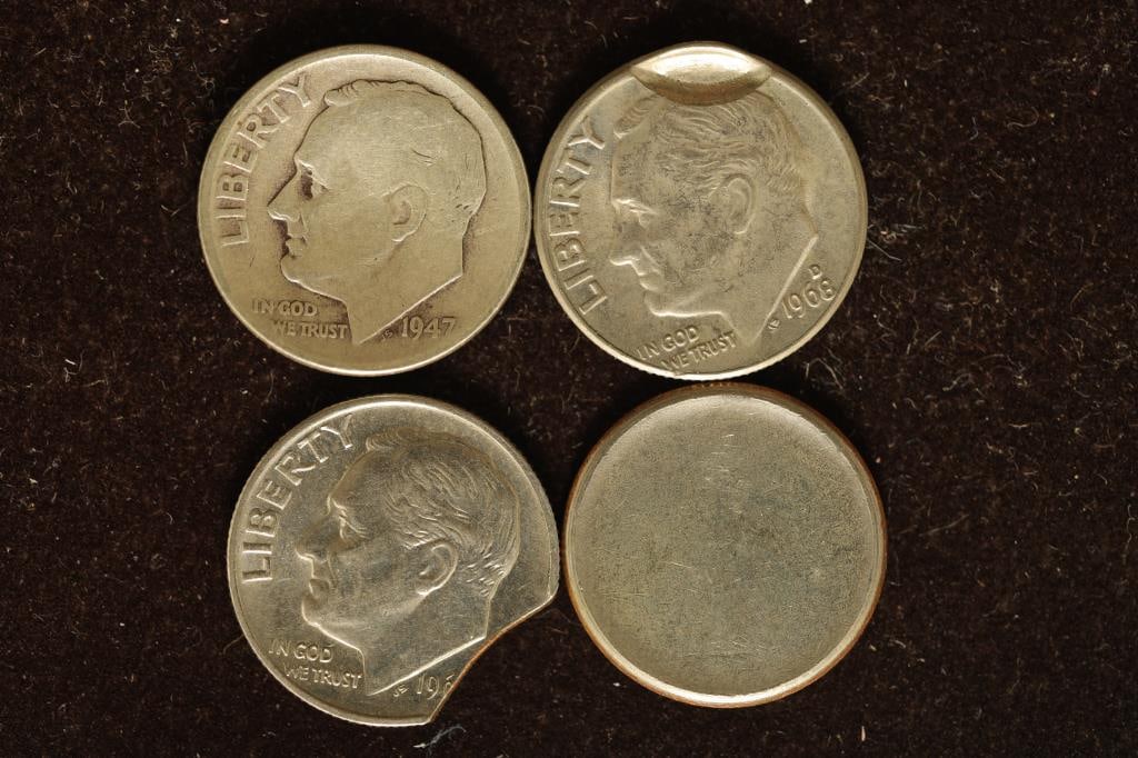 4-ERROR ROOSEVELT DIMES: 1947 SILVER DENTED, (1 of 2)