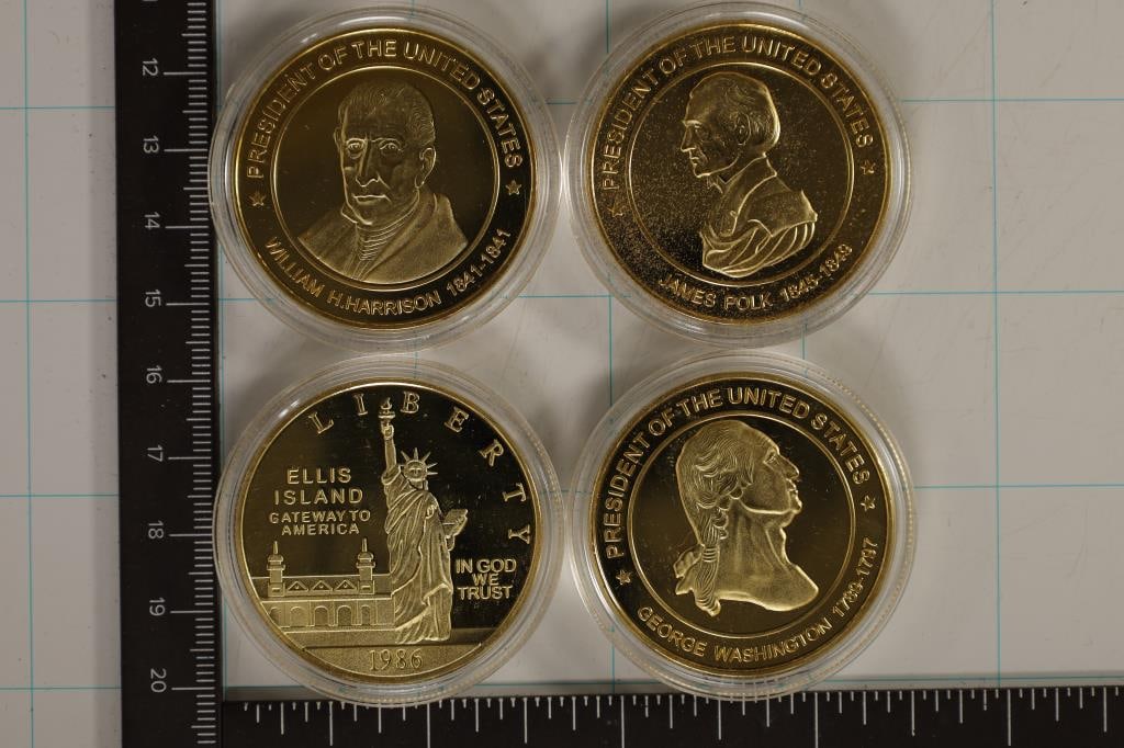 4-METAL 1 1/2'' WHITE HOUSE SOUVENIR PF MEDALS:: WILLIAM HARRISON, JAMES POLK, GEORGE WASHINGTON AND ELLIS ISLAND STATUE OF LIBERTY. ALL IN HARD PLASTIC CAPSULES