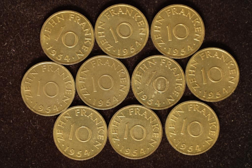 1954 SAARLAND (GERMANY) 10 FRANKEN UNC COINS (1 of 2)