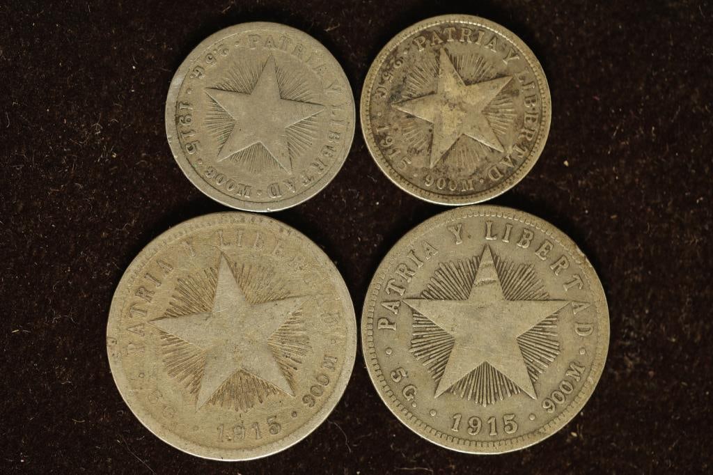 4-1915 CUBA SILVER COINS: 2-10 CENTAVOS (.0723: OZ. ASW EACH) AND 2-20 CENTAVOS (.1447 EACH) .434 OZ. ASW TOTAL