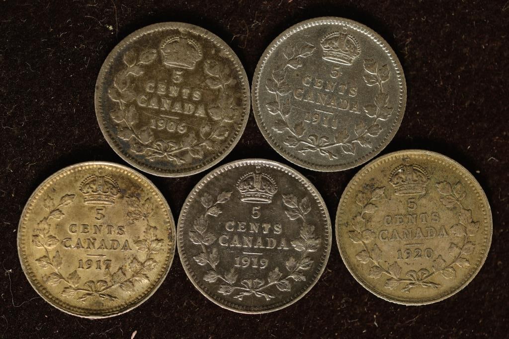1906, 11, 17 AU/ UNC, 19 & 1920 CANADA SILVER 5 (1 of 2)
