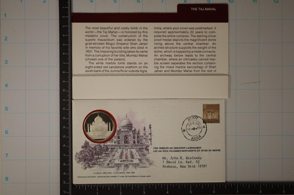 13.9 GRAMS PF STERLING SILVER ROUND IN FDC: TAJ MAHAL, AGRA INDIA. WORLDS 100 GREATEST LANDMARKS BY THE FRANKLIN MINT