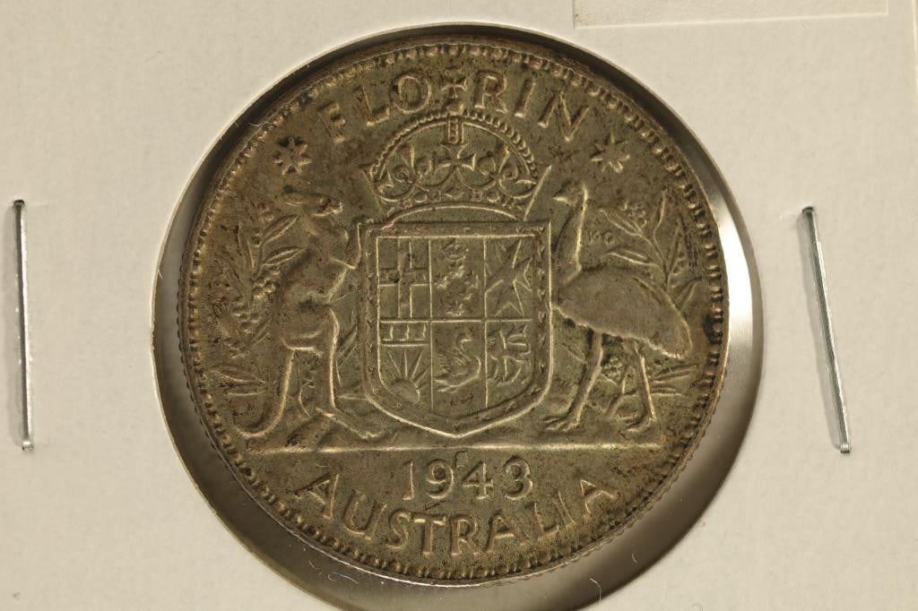 1943 AUSTRALIA SILVER 1 FLORIN .3364 OZ. ASW: WATCH FOR OUR NEXT AUCTION ON (MONDAY MARCH 4TH, 2024) AT 7PM EASTERN TIME. THANKS FOR YOUR BUSINESS.