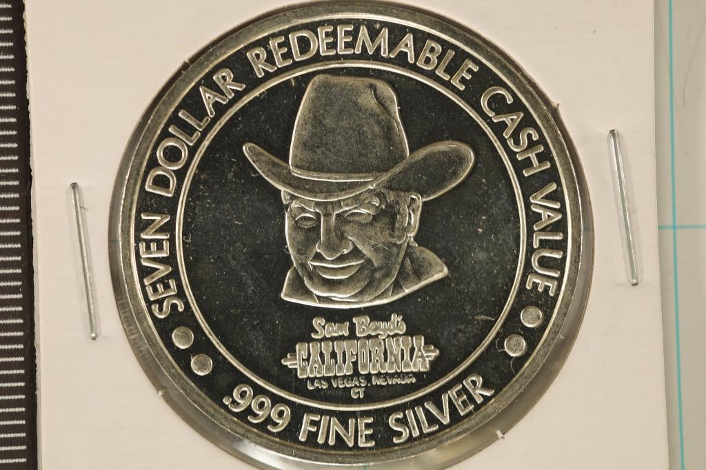 .65 TROY OZ. .999 FINE SILVER PF ROUND REDEEMABLE: IN $7 CASH VALUE SAM BOYD'S LAS VEGAS, NEVADA