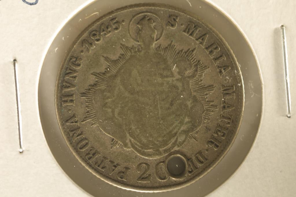 1845 HUNGARY SILVER 20 KRAJCZAR .1252 OZ. ASW: WITH HOLE