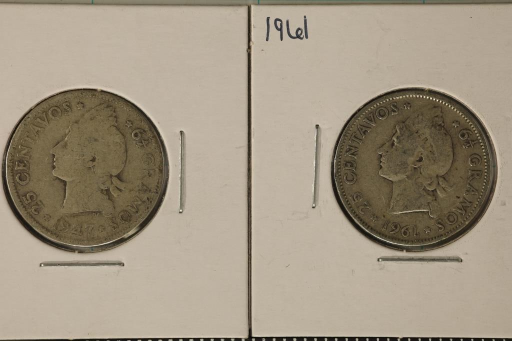 1947 & 1961 DOMINICAN REPUBLIC SILVER 25 CENTAVO: COINS .4502 OZ. ASW TOTAL (.2251 OZ. ASW EACH)