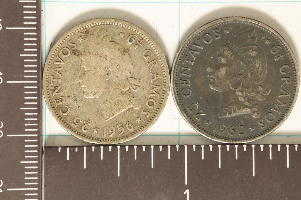 1956 & 1960 DOMINICAN REPUBLIC SILVER 25 CENTAVO: COINS .3616 OZ. ASW TOTAL (.1808 OZ. ASW EACH)
