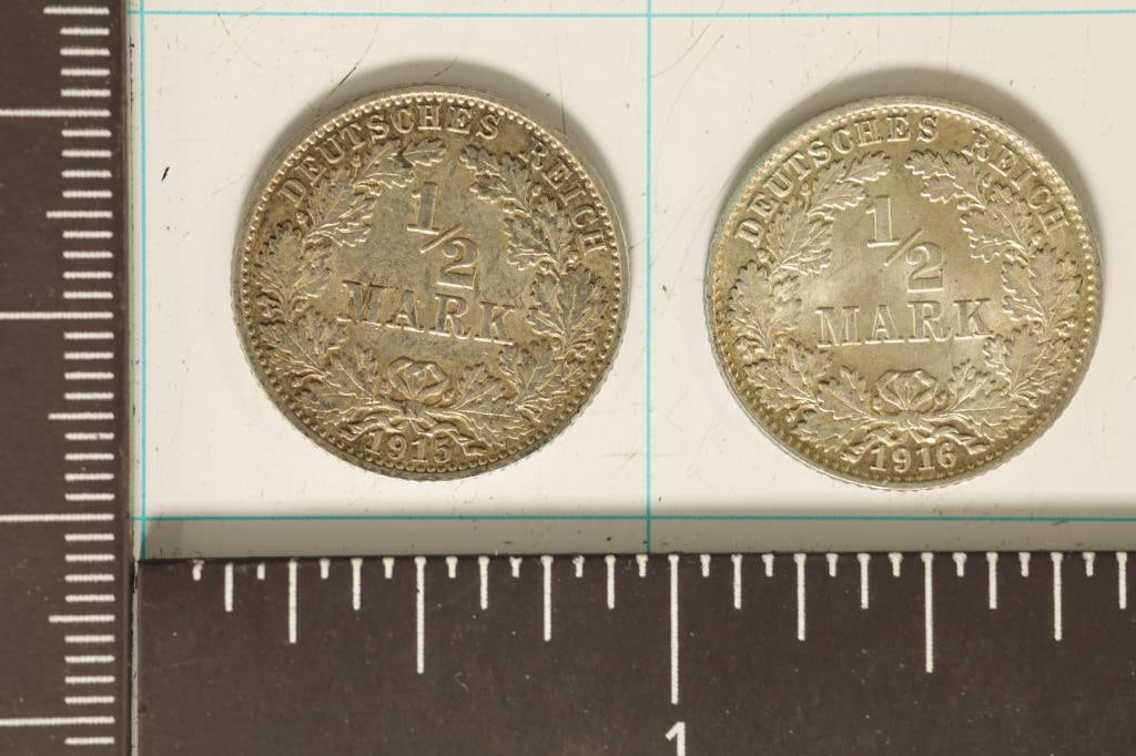 1915-J & 1916-D GERMAN SILVER 1/2 MARKS .1604 OZ (1 of 2)