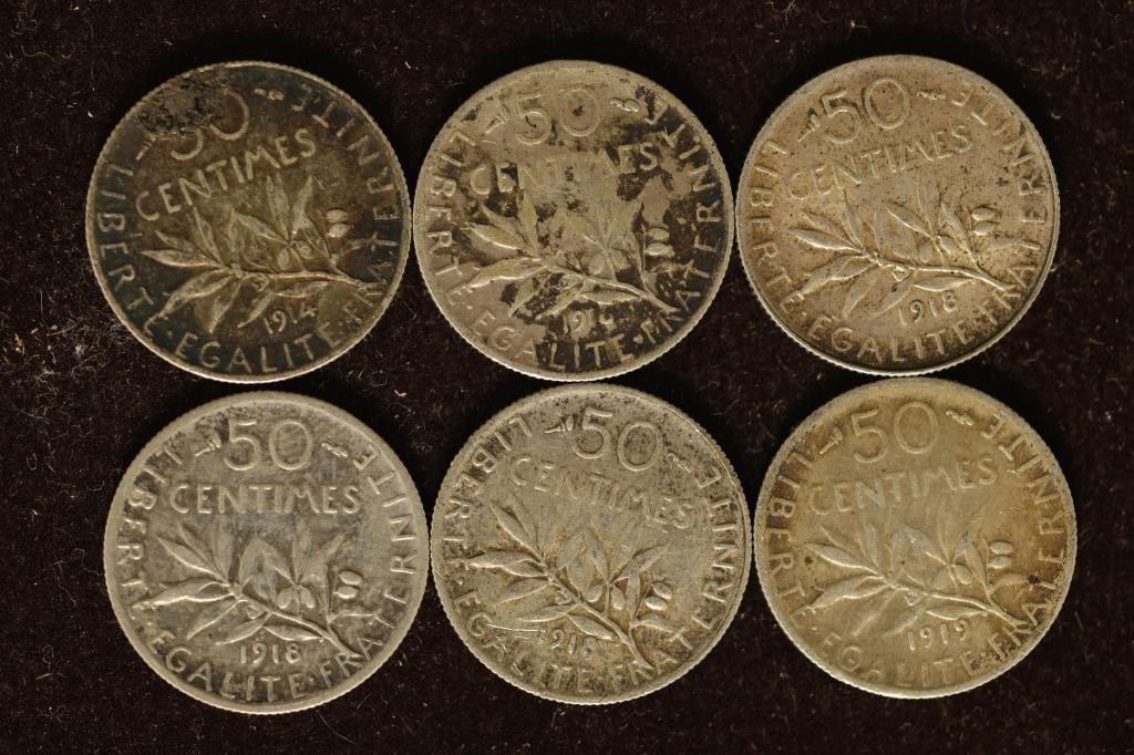 6 FRANCE SILVER 50 CENTIMES: 1914, 1916, 3-1918 & (1 of 2)