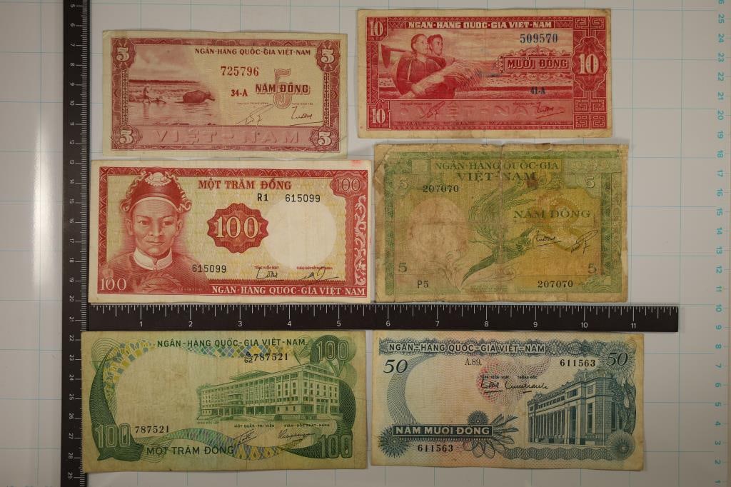 6 VIETNAM BILLS:2-1955 FIVE DONG, 1-1955 TEN DONG,: 1-1969 FIFTY DONG, 1-1966 ONE HUNDRED DONG AND 1972 ONE HUNDRED DONG