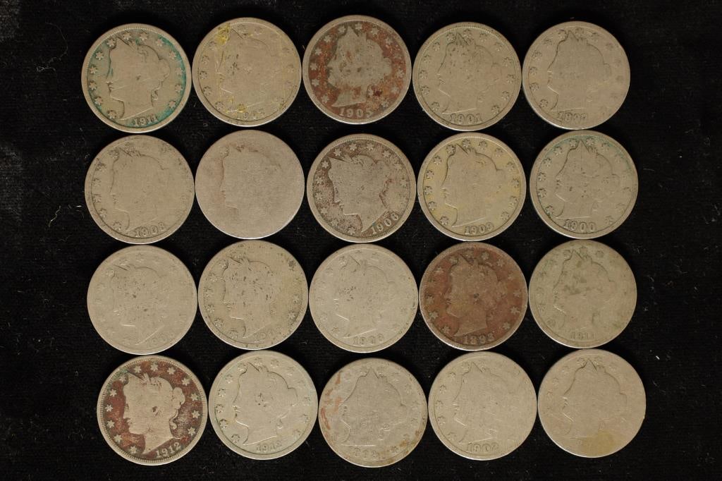 20 ASSORTED LIBERTY "V" NICKELS: 1 NO DATE & 19 (1 of 2)