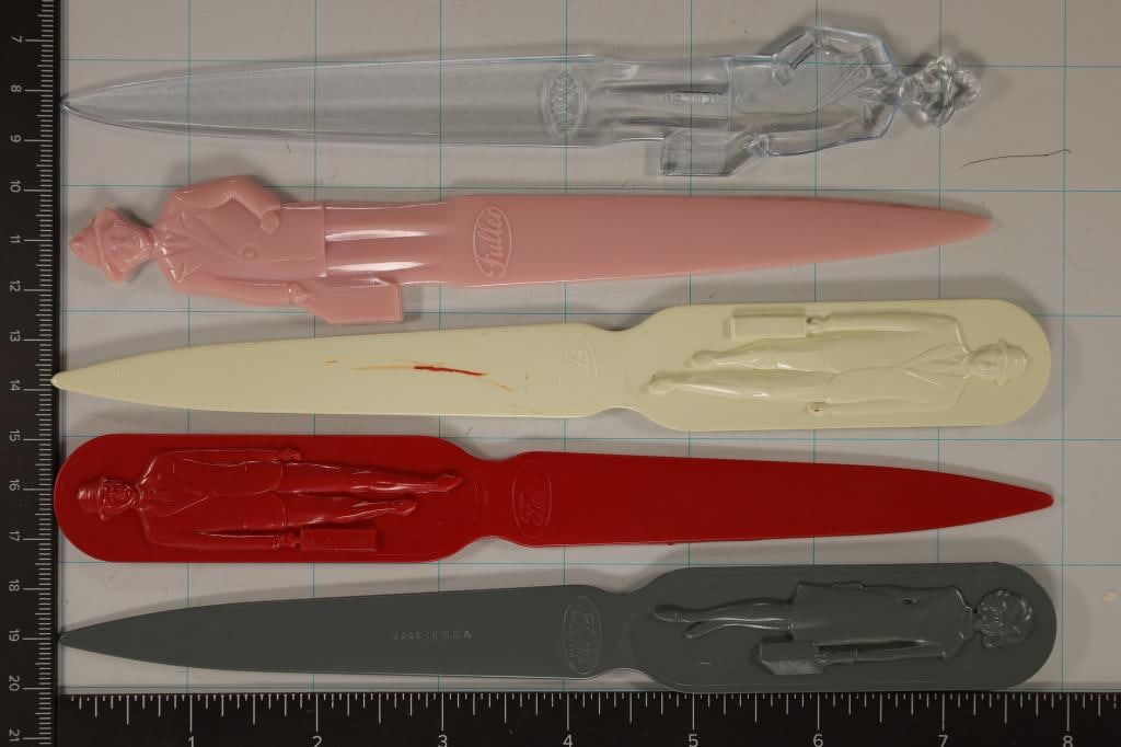 5-BAKELITE / PLASTIC 7 1/2" FULLER BRUSH COMPANY: LETTER OPENERS ALL DIFFERENT COLORS