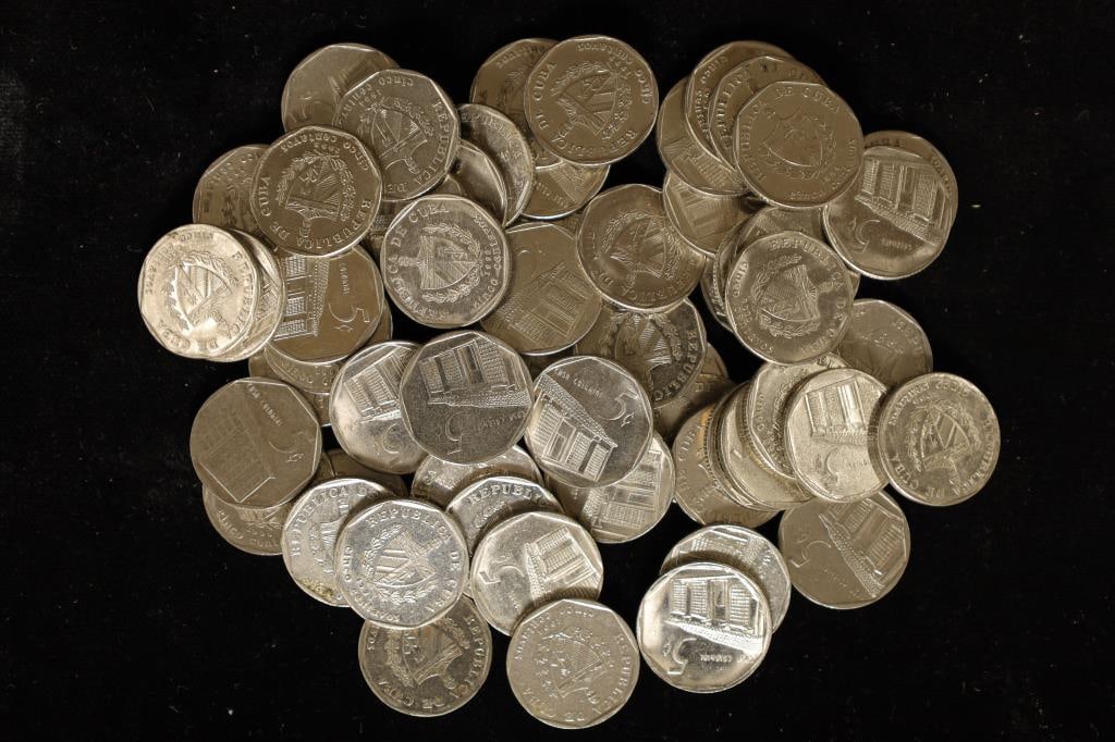 60 CUBA BRILLIANT UNC 5 CENT COINS (1994-2000): MAY NOT CONTAIN ALL DATES AND MAY CONTAIN DUPLICATES.