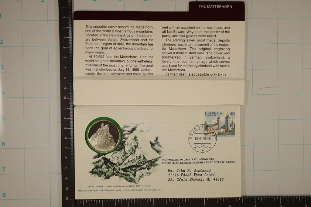 13.9 GRAMS PF STERLING SILVER ROUND IN FDC, THE: MATTERHORN ZERMATT, SWITZERLAND. WORLD'S 100 GREATEST LANDMARKS WITH INFO CARD BY THE FRANKLIN MINT