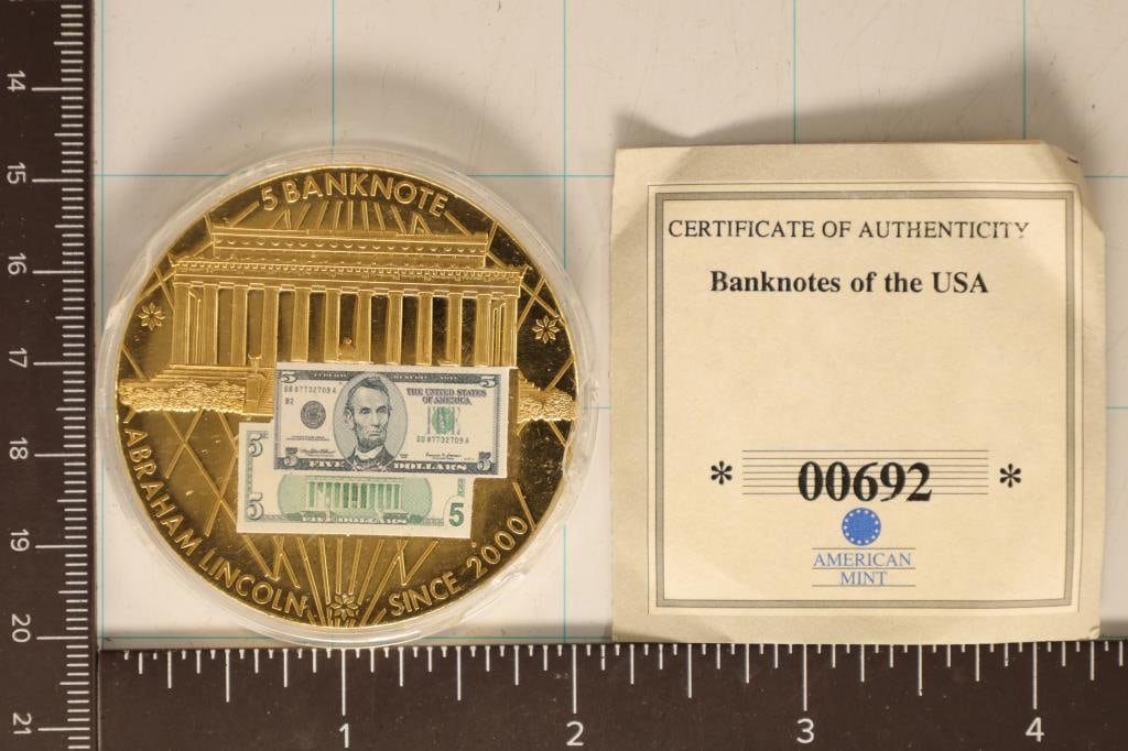 24KT GOLD LAYERED LINCOLN $5 BANK NOTE TOKEN (1 of 2)