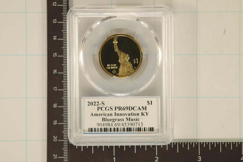 2022 AMERICAN INNOVATION DOLLAR PCGS PR69 DCAM: KENTUCKY BLUE GRASS MUSIC
