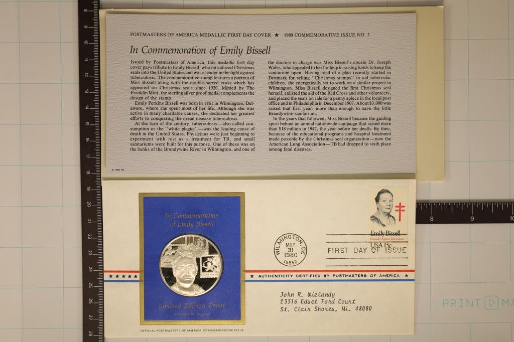 .8 OZ. PF STERLING SILVER ROUND IN FDC: IN: COMMEMORATION OF EMILY BISSELL, POSTMASTERS OF AMERICA BY THE FRANKLIN MINT WITH INFO CARD