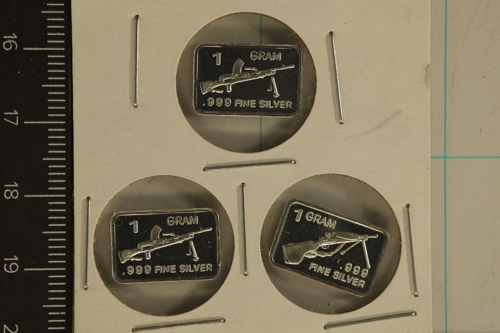 3-1 GRAM .999 FINE SILVER PF INGOTS: WEAPON THEMED: WATCH FOR OUR NEXT AUCTION ON (MONDAY APRIL 8TH, 2024) AT 7PM EASTERN TIME. THANKS FOR YOUR BUSINESS.