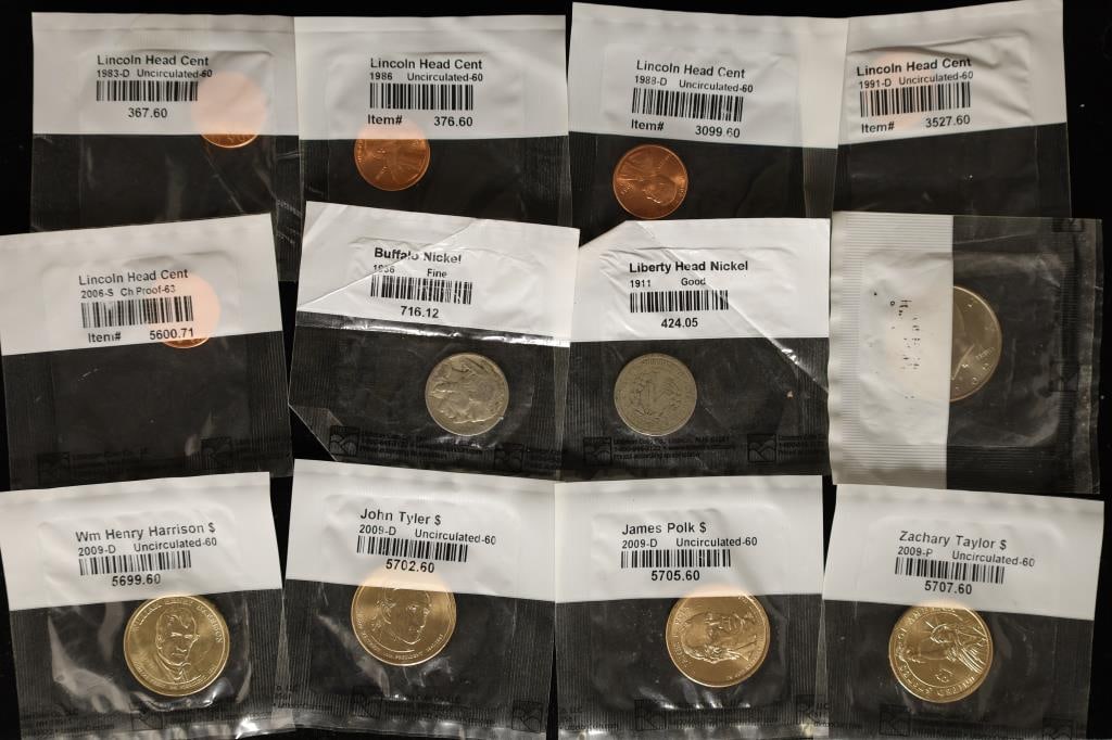 12 US COINS IN LITTLETON COIN COMPANY PACKAGING:: 1983-D, 1986, 1988-D & 1991-D, 2006-S (PROOF) LINCOLN CENTS, 1936 BUFFALO NICKEL, 1911 LIBERTY "V" NICKEL, 2000-P KENNEDY HALF DOLLAR, 2009-D WILLIAM HARRISON, JOHN TYLER, JAMES POLK PRESIDENTIAL DOLL