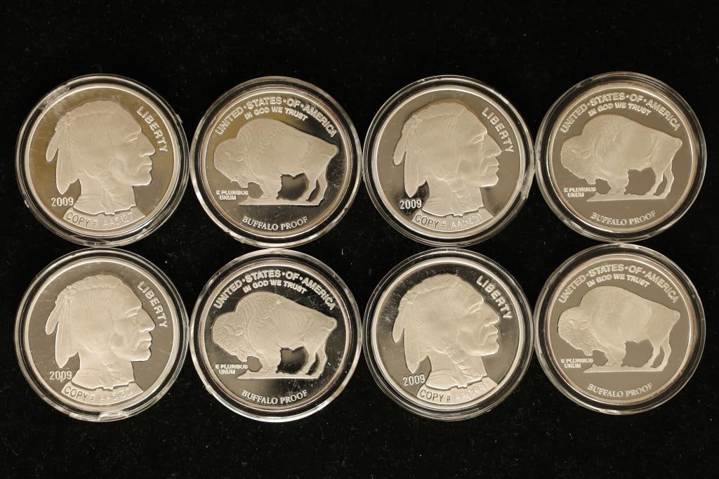 8-REPLICA OF US SILVER $1 BUFFALO COINS: ALL IN PROOF CONDITION AND SERALIZED, IN HARD PLASTIC CAPSULES