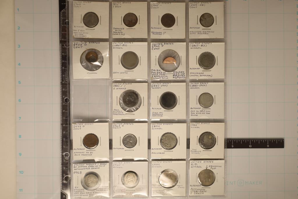 19 US ALTERED 1 CENT AND 5 CENT COINS: LINCOLN: CENTS, LIBERTY "V" NICKELS AND JEFFERSON NICKELS.