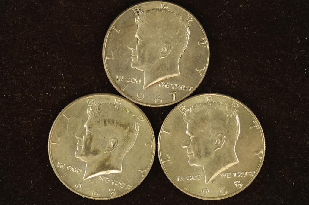 1967 & 2-1968-D 40% SILVER JOHN F. KENNEDY HALVES: WATCH FOR OUR NEXT AUCTION ON (MONDAY APRIL 8TH, 2024) AT 7PM EASTERN TIME. THANKS FOR YOUR BUSINESS.