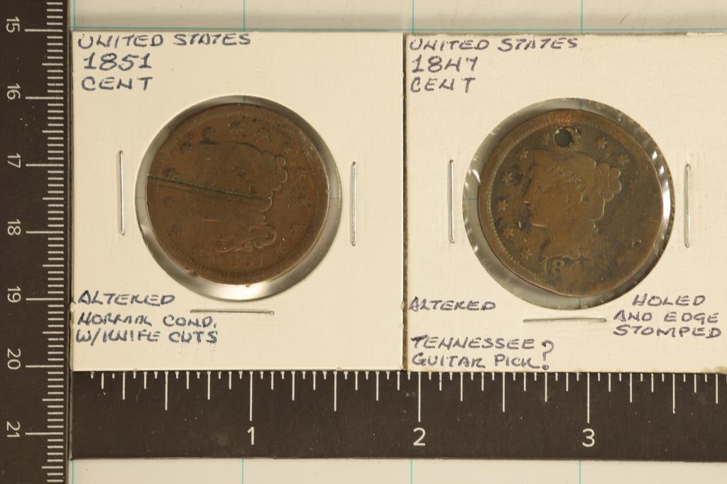 1847 & 1851 US LARGE CENTS. DAMAGED (1 of 2)