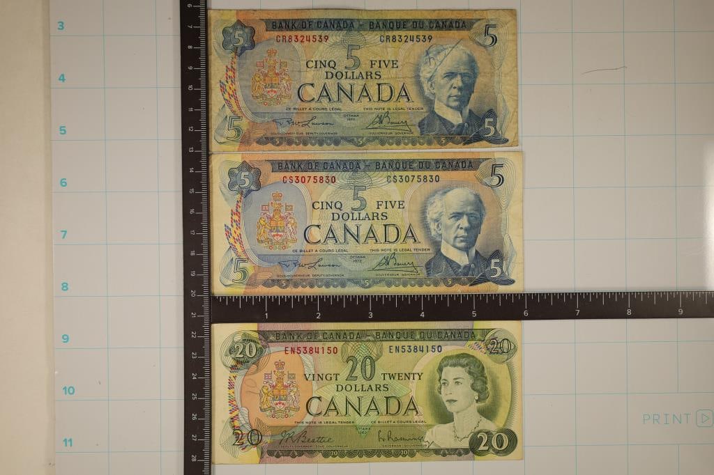 3 CANADA BILLS: 2-1972 FIVE DOLLAR & 1-1969 TWENTY (1 of 2)