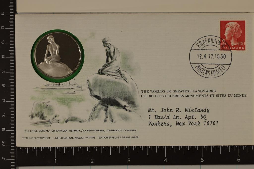 13.8 GRAMS PF STERLING SILVER IN FDC "THE LITTLE: MERMAID" COPENHAGEN DENMARK. WORLD'S 100 GREATEST LANDMARKS WITH INFO CARD. BY THE FRANKLIN MINT