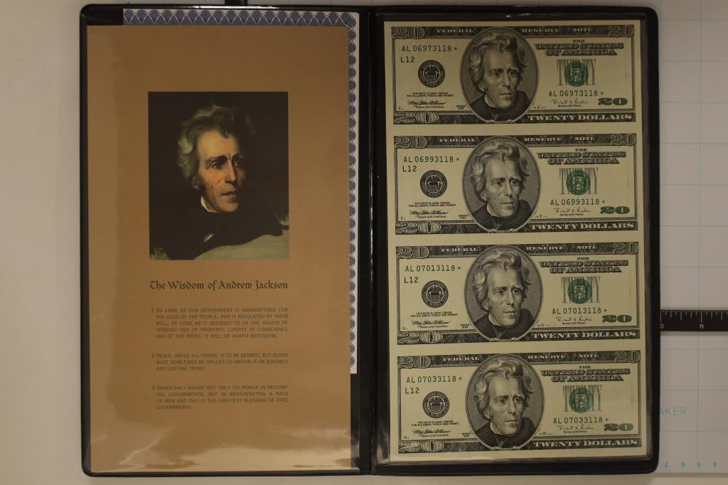 UNCUT SHEET OF 4-1996 US $20 FRN STAR NOTES, CU (1 of 3)