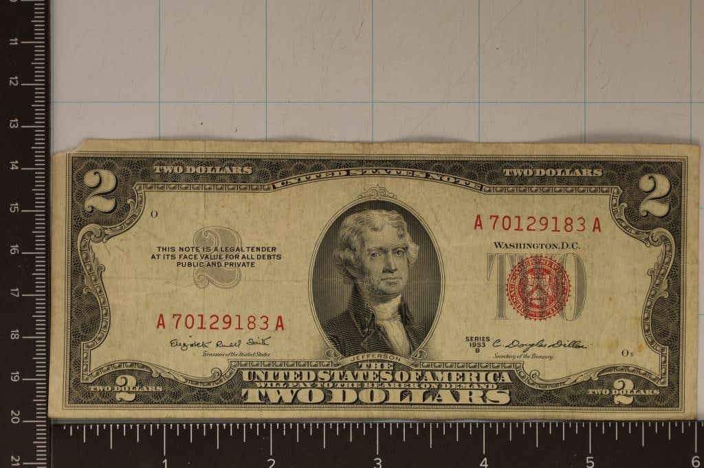 1953-B US $2 RED SEAL NOTE UPPER LEFT CORNER HAS (1 of 2)