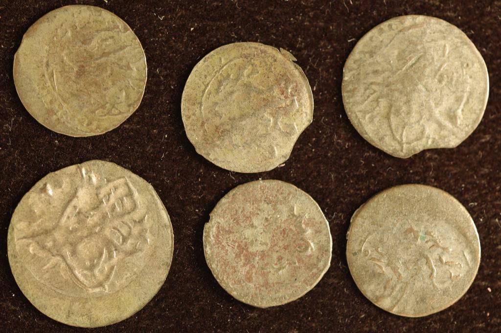 6 SILVER DIME SIZED OTTOMAN EMPIRE PARA COINS:: BELLY DANCER COINS FROM THE 1700'S - 1800'S