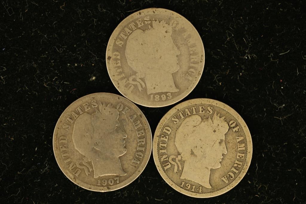 3 SILVER BARBER DIMES: 1893, 1907 & 1914 (1 of 2)