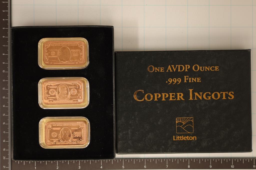 3-1 OZ. .999 COPPER INGOTS, REPLICAS OF US $100,: $1000 AND $500 BILLS. EACH IN HARD PLASTIC CAPSULE FROM THE LITTLETON COIN COMPANY