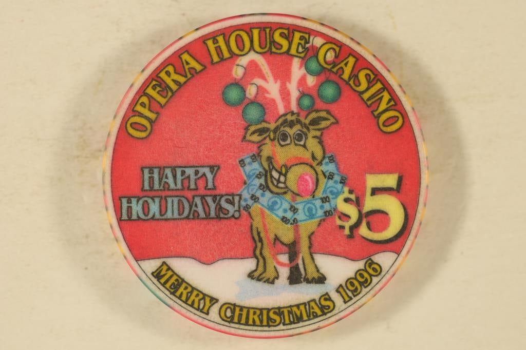 $5 OPERA HOUSE CASINO CHIP. 1996 HAPPY HOLIDAYS,: MERRY CHRISTMAS. LAS VEGAS, NEVADA