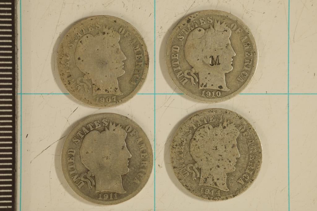 1907-S, 10, 11-D & 1914-D SILVER BARBER DIMES (1 of 2)