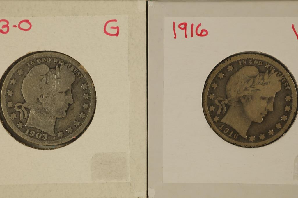 1903-O & 1916 VERY GOOD SILVER BARBER QUARTERS (1 of 2)