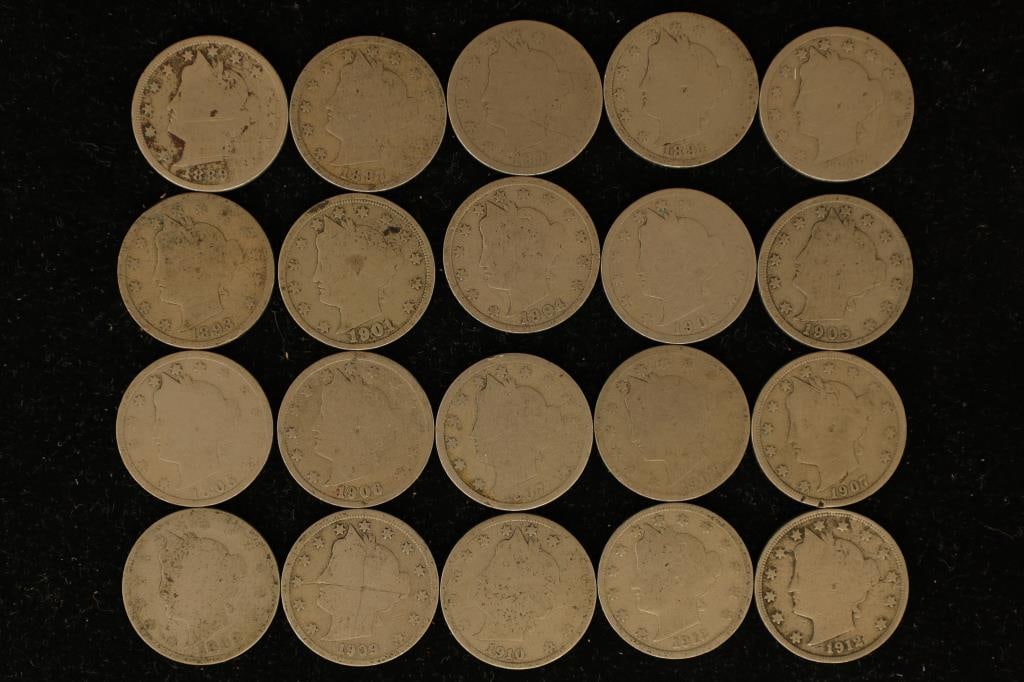 20 ASSORTED LIBERTY "V" NICKELS 1889-1912 (1 of 2)